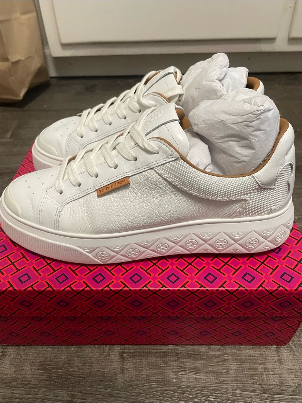 Tory Burch Ladybug White Leather Lace-Up Sneakers with Tan Accents - Picture 5 of 5